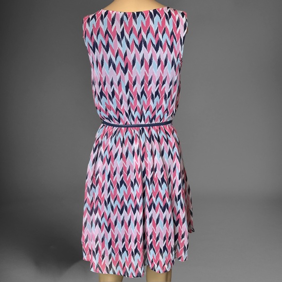 BCX A-Line Blouson Dress Size XS 2 Pink Light Blue Sleeveless Lined Belt - Picture 2 of 16